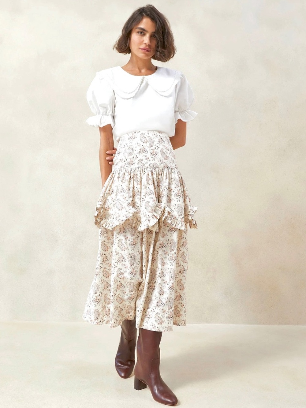 LOEFFLER RANDALL Milo Paisley Scalloped Ruffled Midi Skirt - NWT! - 8